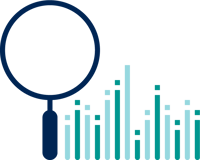 Magnifying glass with statistic graphs